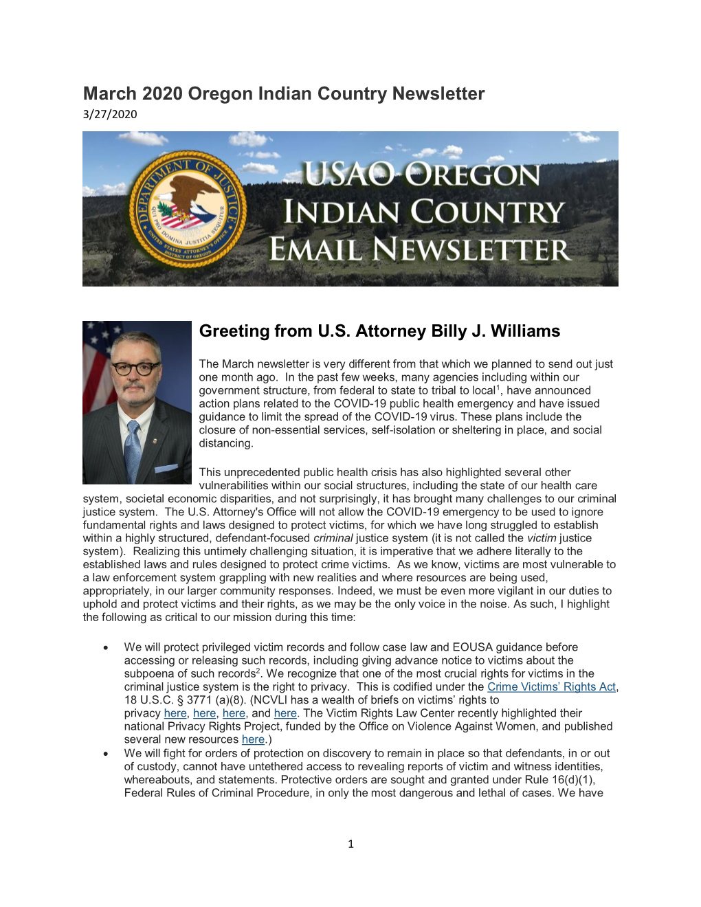 March 2020 Oregon Indian Country Newsletter 3/27/2020