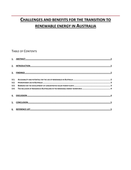 Challenges and Benefits for the Transition to Renewable Energy in Australia
