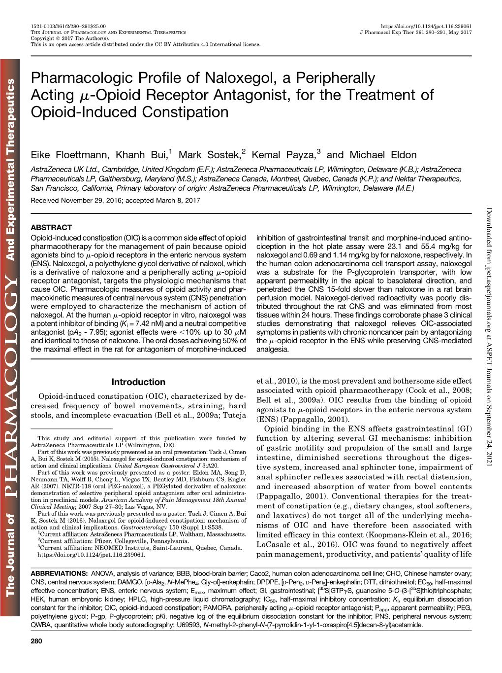 Pharmacologic Profile of Naloxegol, a Peripherally Acting Μ-Opioid