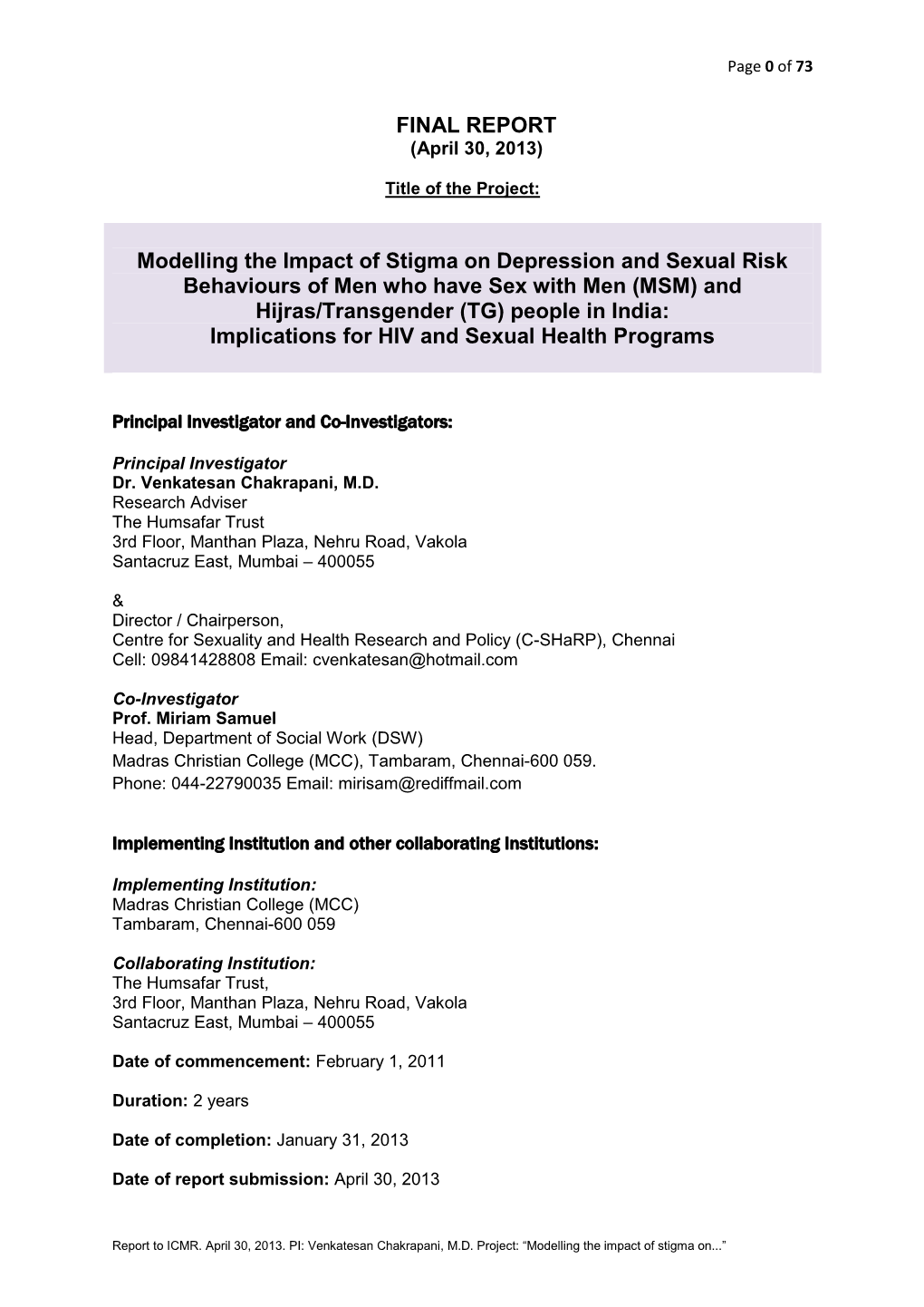 FINAL REPORT Modelling the Impact of Stigma on Depression And