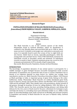 Research Paper POPULATION DYNAMICS of BLACK FRANCOLIN (Francolinus Francolinus) from NIJMULA VALLEY, GARHWAL HIMALAYA, INDIA