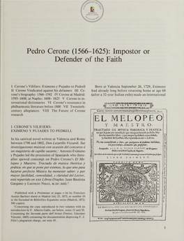 Pedro Cerone (1566-1625): Impostor Or Defender of the Faith