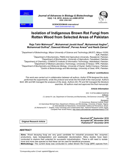 Isolation of Indigenous Brown Rot Fungi from Rotten Wood from Selected Areas of Pakistan