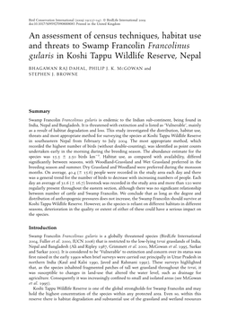 An Assessment of Census Techniques, Habitat Use and Threats to Swamp Francolin Francolinus Gularis in Koshi Tappu Wildlife Reserve, Nepal