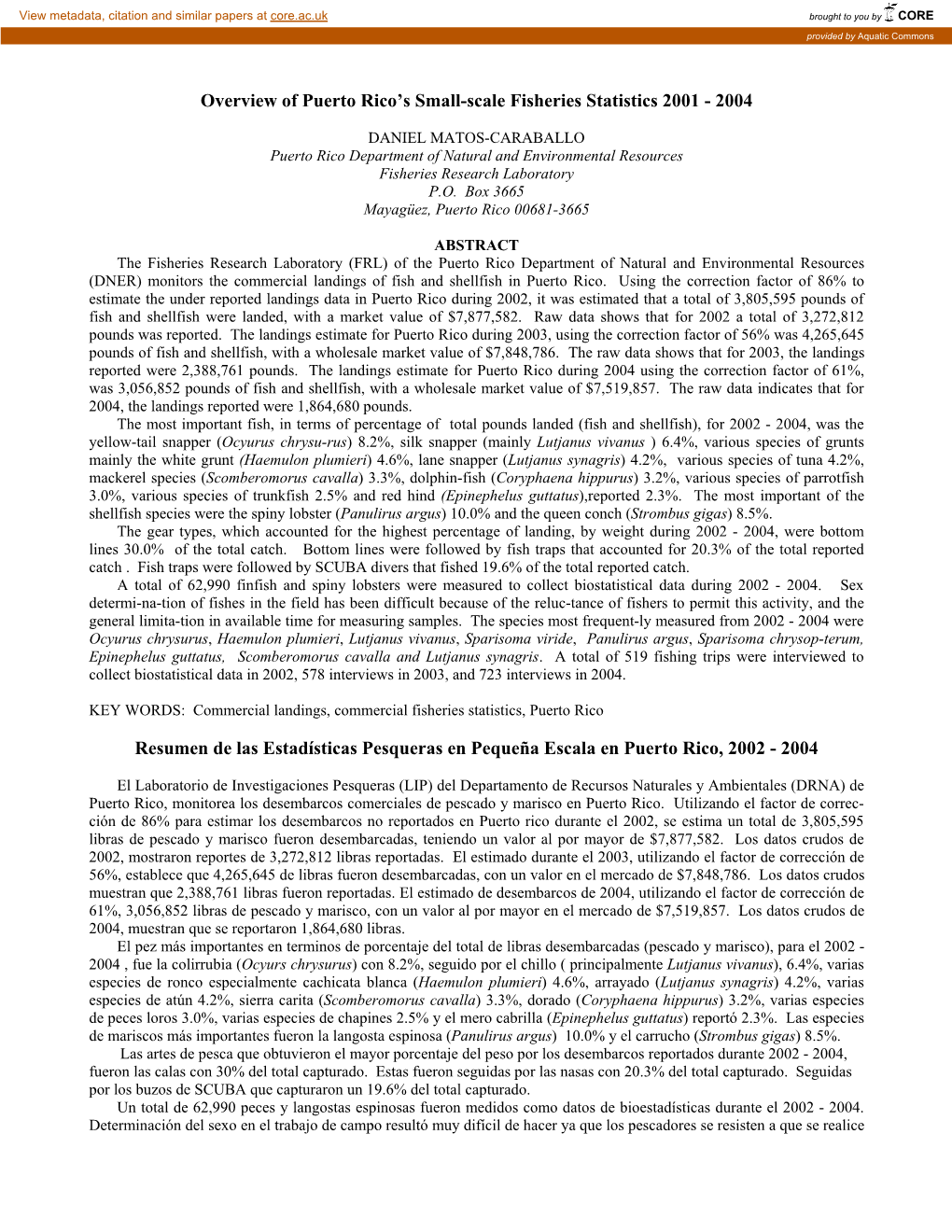 MATOS-CARABALLO Puerto Rico Department of Natural and Environmental Resources Fisheries Research Laboratory P.O