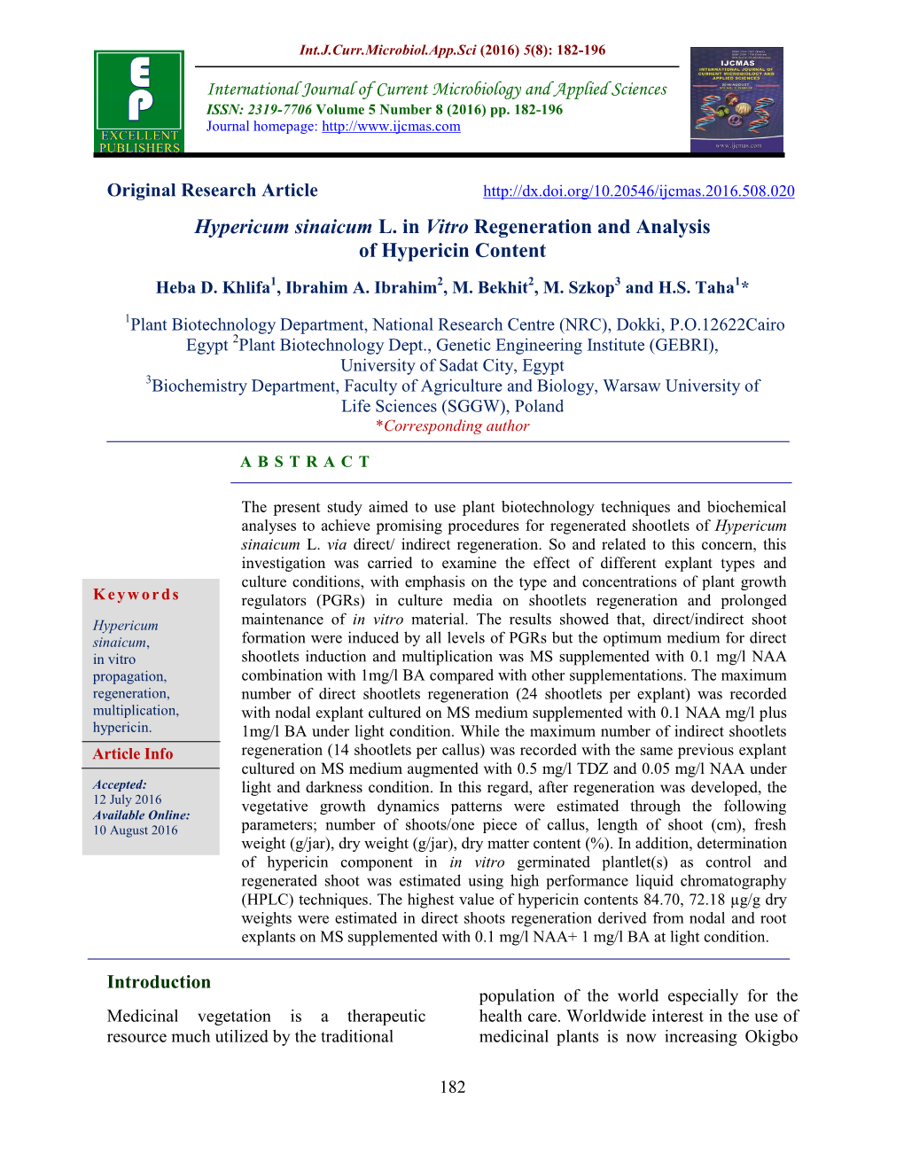 Hypericum Sinaicum L. in Vitro Regeneration and Analysis of Hypericin Content