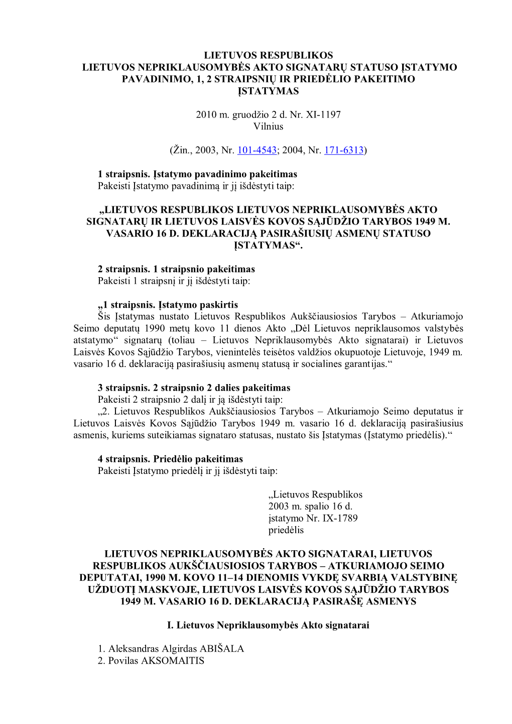 Lietuvos Respublikos Lietuvos Nepriklausomybės Akto Signatarų Statuso Įstatymo Pavadinimo, 1, 2 Straipsnių Ir Priedėlio Pakeitimo Įstatymas