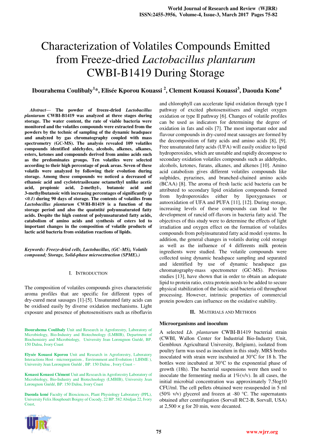 Characterization of Volatiles Compounds Emitted from Freeze-Dried Lactobacillus Plantarum CWBI-B1419 During Storage