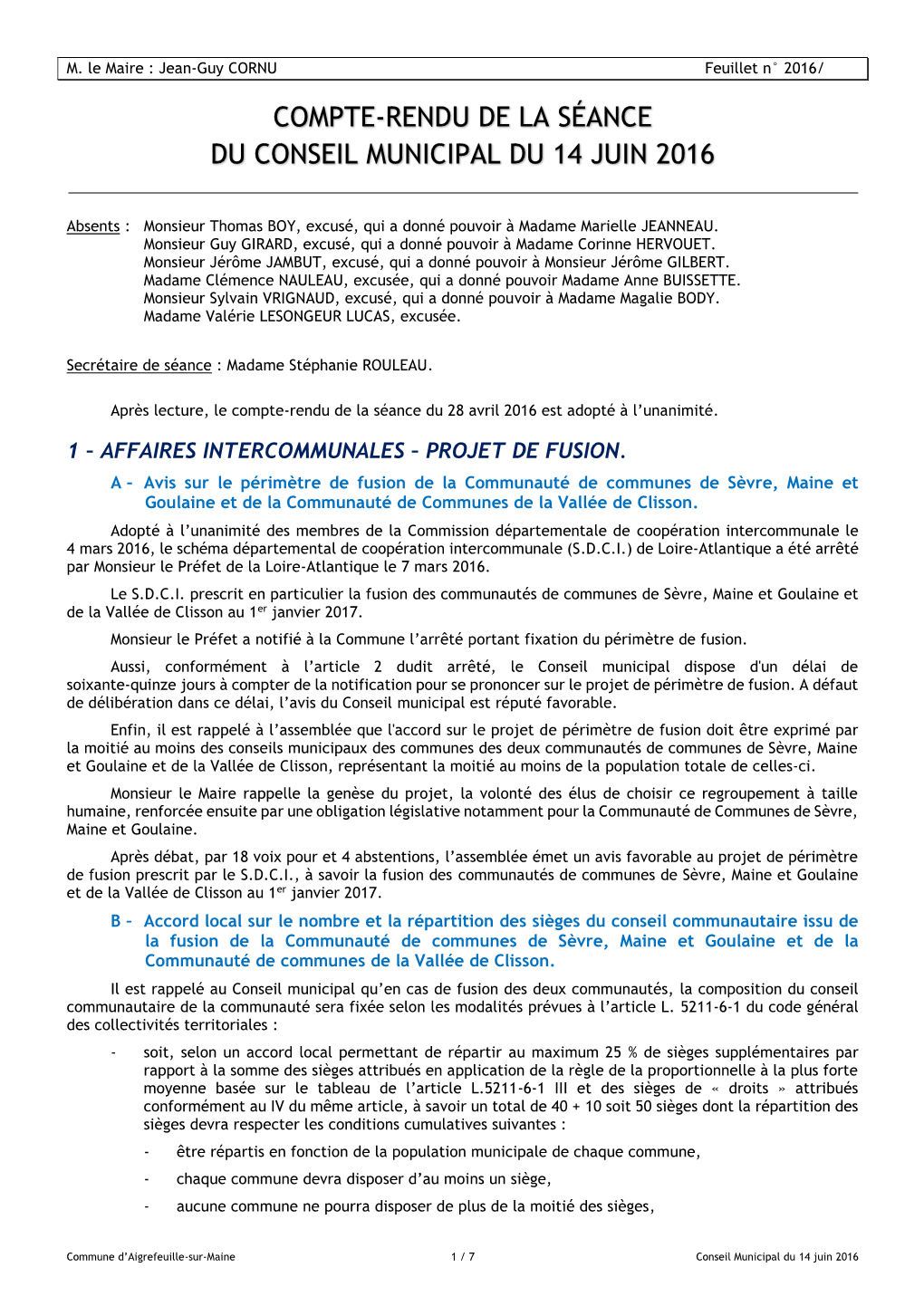 Compte-Rendu De La Séance Du Conseil Municipal Du 14 Juin 2016