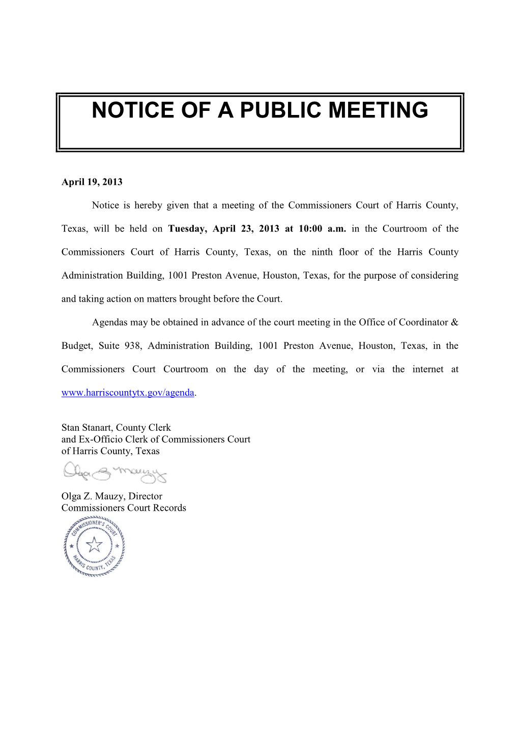 Notice of a Public Meeting