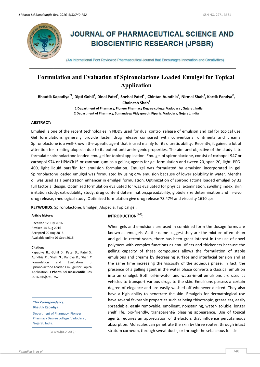 Formulation and Evaluation of Spironolactone Loaded Emulgel for Topical Application