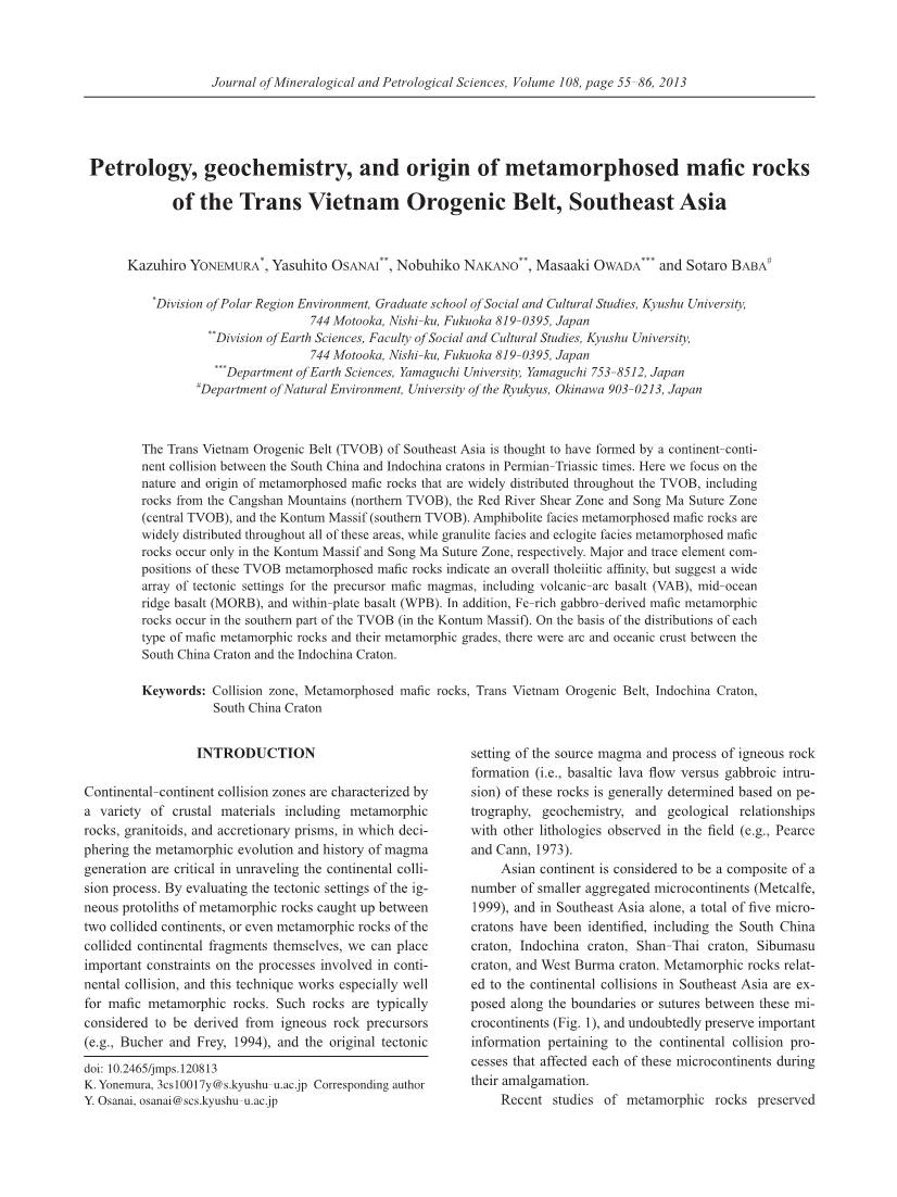 Petrology, Geochemistry, and Origin of Metamorphosed Mafic Rocks of the Trans Vietnam Orogenic Belt, Southeast Asia