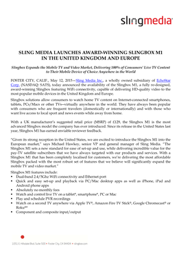 Sling Media Launches Award-Winning Slingbox M1 in the United Kingdom and Europe