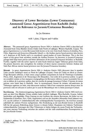 Ammonoid Genus Argentiniceras from Kachchh (India) and Its Relevance to J Urassic/Cretaceous Boundary