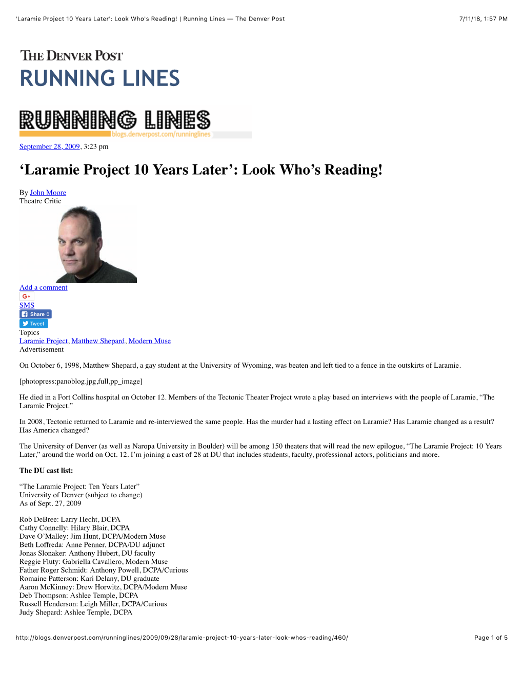 'Laramie Project 10 Years Later': Look Who's Reading! | Running Lines — the Denver Post 7/11/18, 1:57 PM