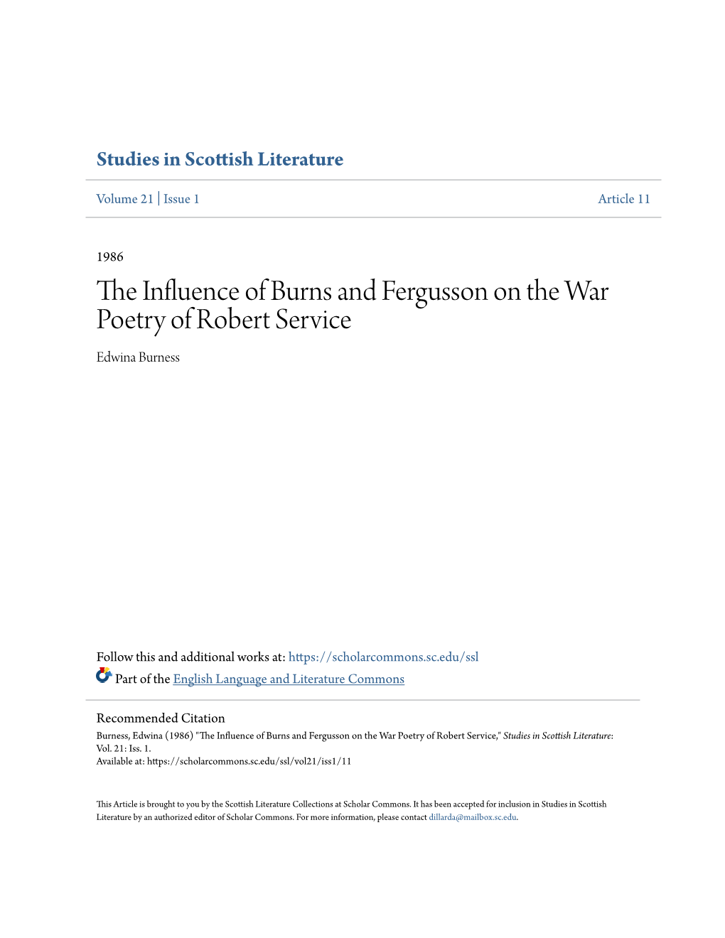 The Influence of Burns and Fergusson on the War Poetry of Robert Service