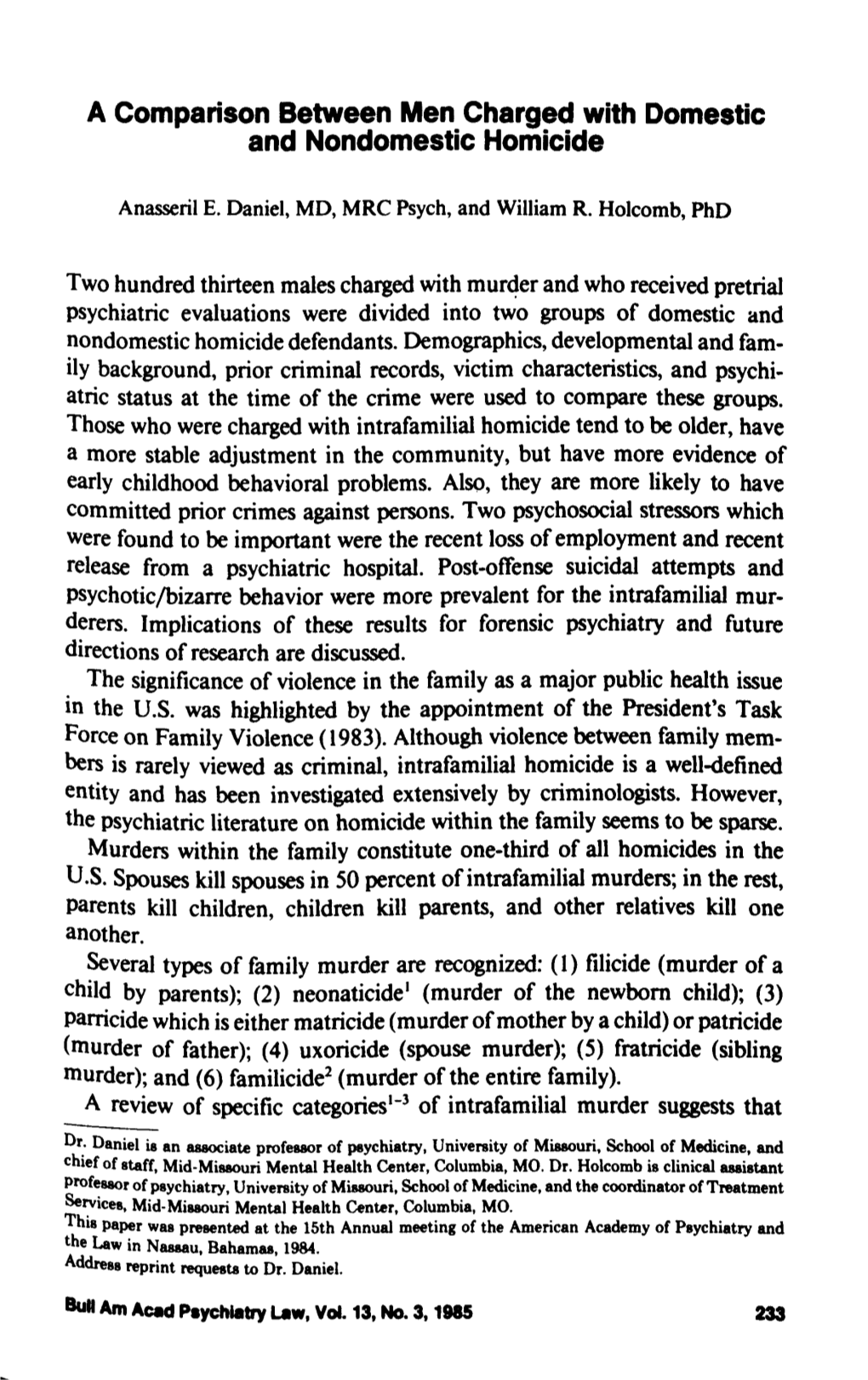 A Comparison Between Men Charged with Domestic and Nondomestic Homicide