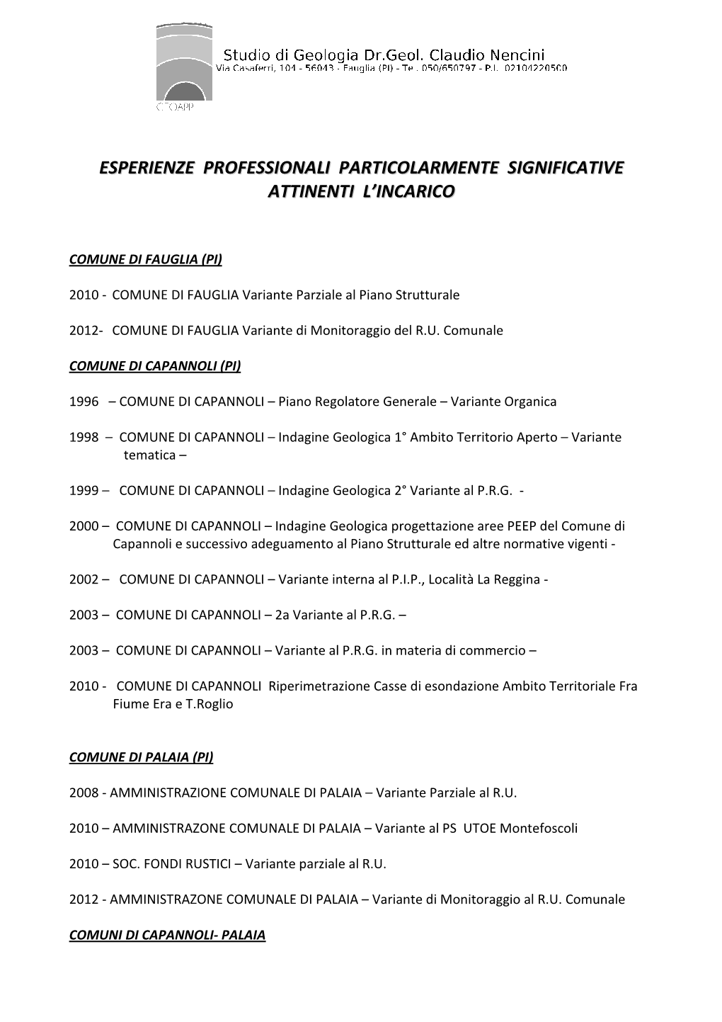 Esperienze Professionali Particolarmente Significative Attinenti L’Incarico