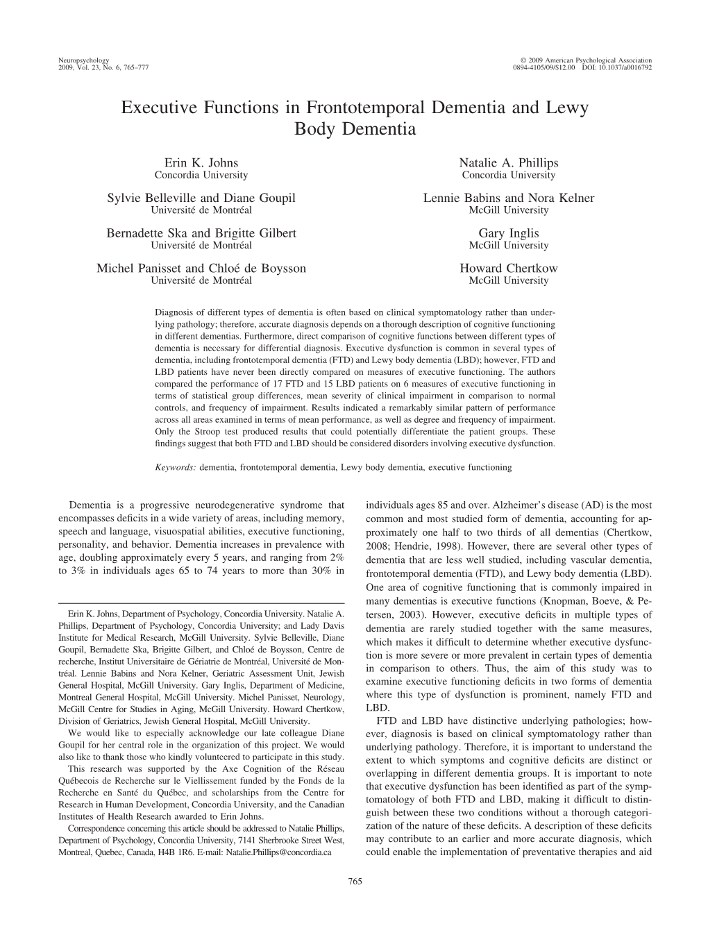 Executive Functions in Frontotemporal Dementia and Lewy Body Dementia