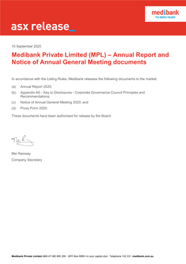 Medibank Private Limited (MPL) – Annual Report and Notice of Annual General Meeting Documents