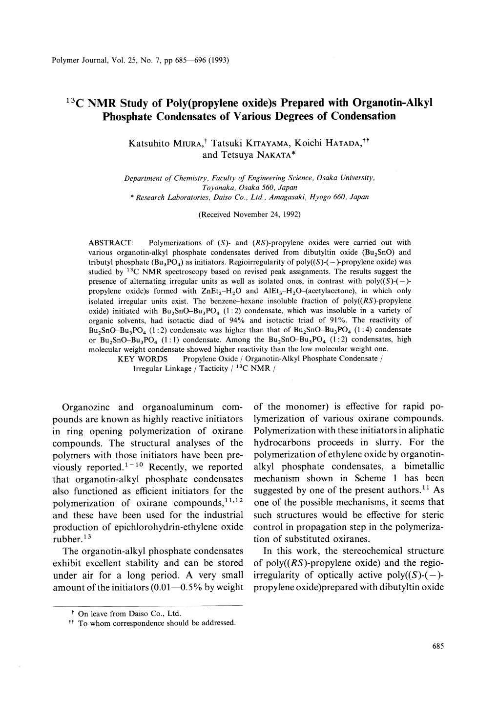 13C NMR Study of Poly(Propylene Oxide)S Prepared with Organotin-Alkyl Phosphate Condensates of Various Degrees of Condensation