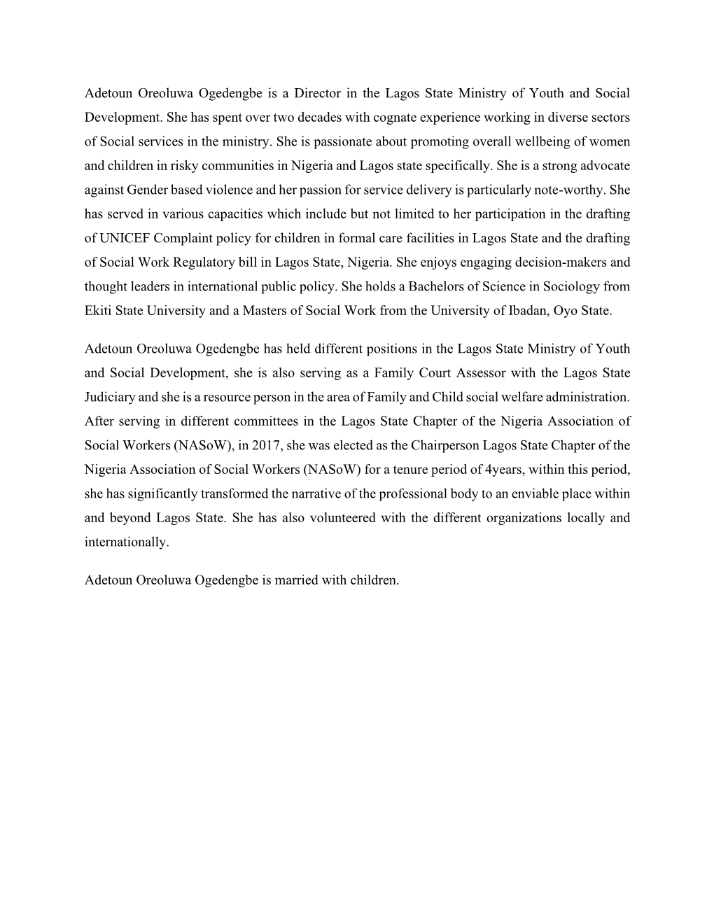 Adetoun Oreoluwa Ogedengbe Is a Director in the Lagos State Ministry of Youth and Social Development