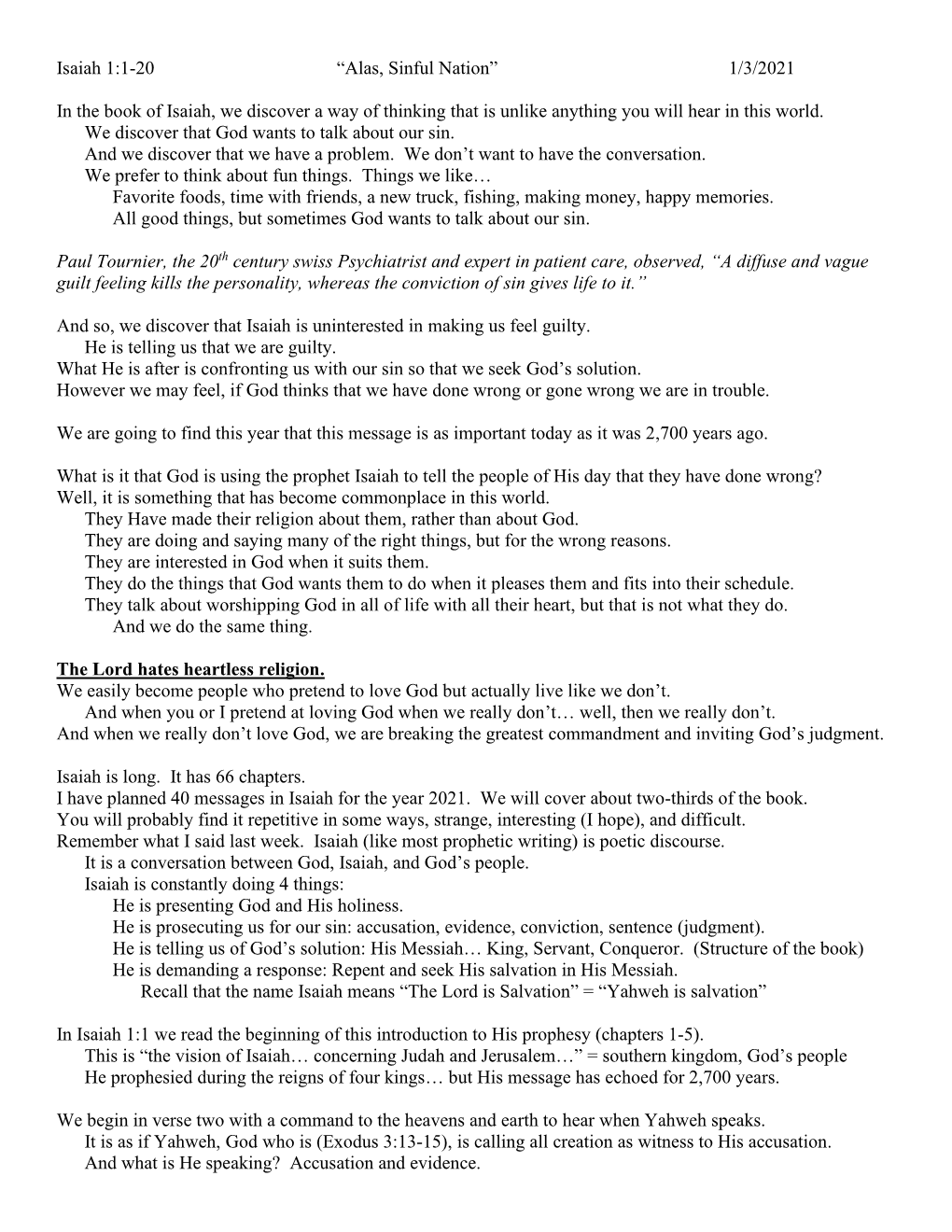 Isaiah 1:1-20 “Alas, Sinful Nation” 1/3/2021