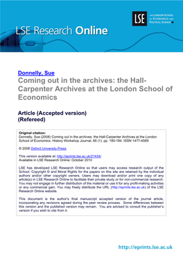 Coming out in the Archives: the Hall- Carpenter Archives at the London School of Economics