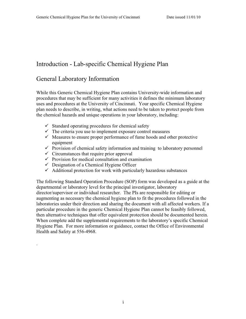 Lab-Specific Chemical Hygiene Plan General Laboratory Information