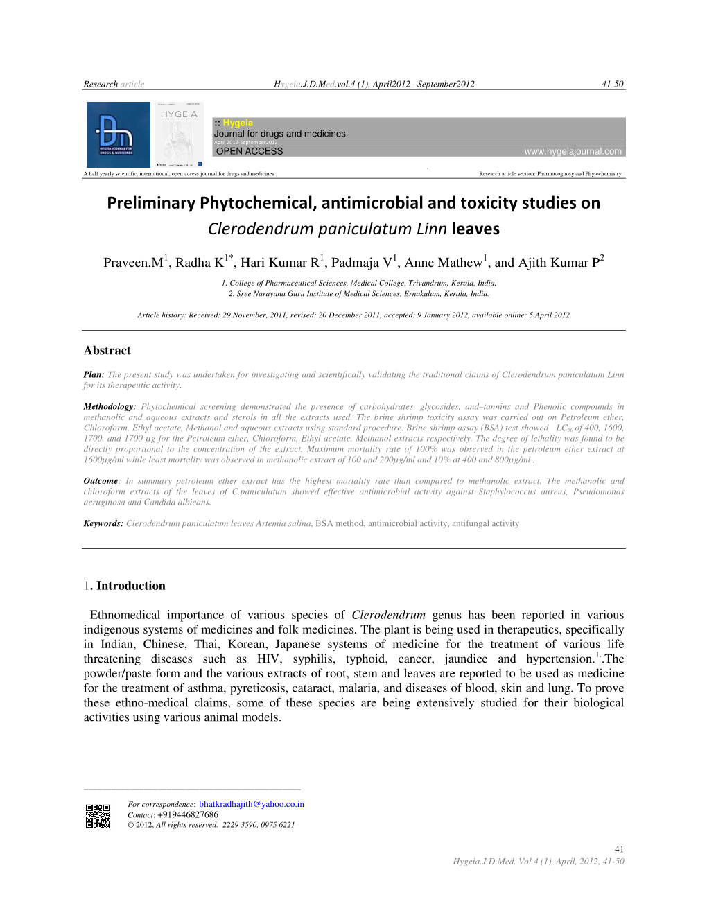 Preliminary Phytochemical, Antimicrobial and Toxicity Studies on Clerodendrum Paniculatum Linn Leaves