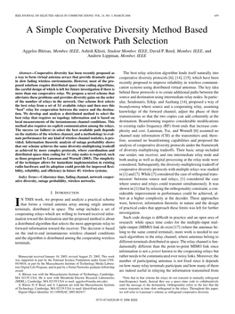 A Simple Cooperative Diversity Method Based on Network Path Selection Aggelos Bletsas, Member, IEEE, Ashish Khisti, Student Member, IEEE, David P