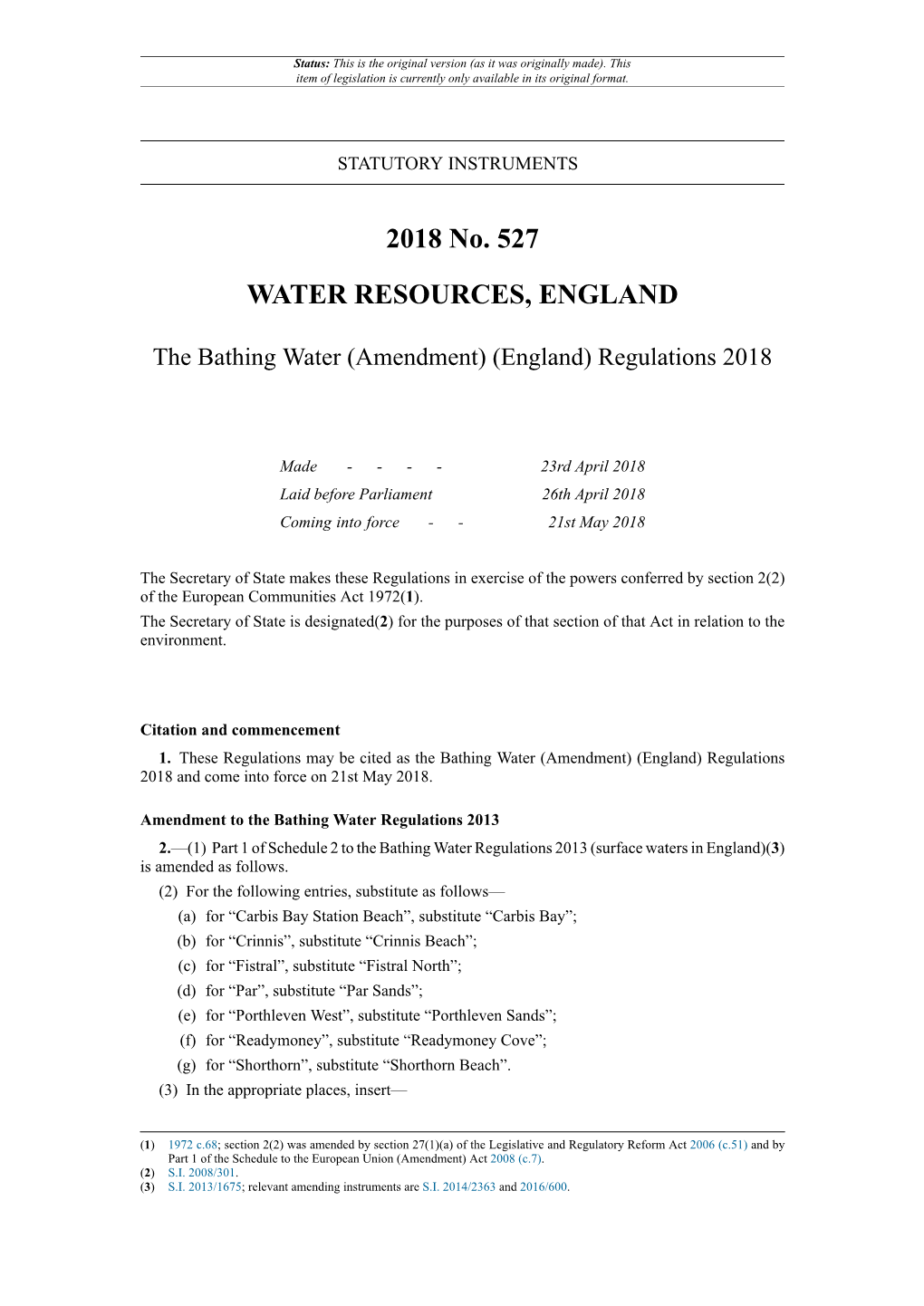 The Bathing Water (Amendment) (England) Regulations 2018