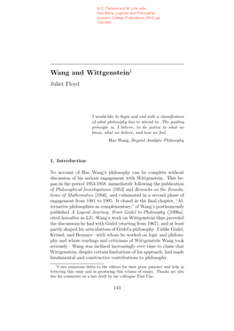 Wang and Wittgenstein1 Juliet Floyd
