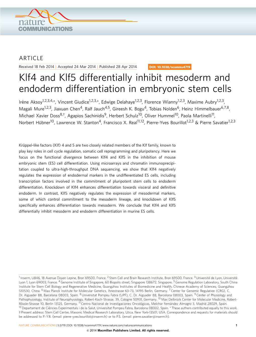 Klf4 and Klf5 Differentially Inhibit Mesoderm and Endoderm Differentiation in Embryonic Stem Cells