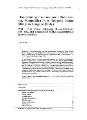 From Neogene Fissure Fillings in Gargano (Italy) Part 1: the Cranial Osteology of Hoplitomeryx Gen