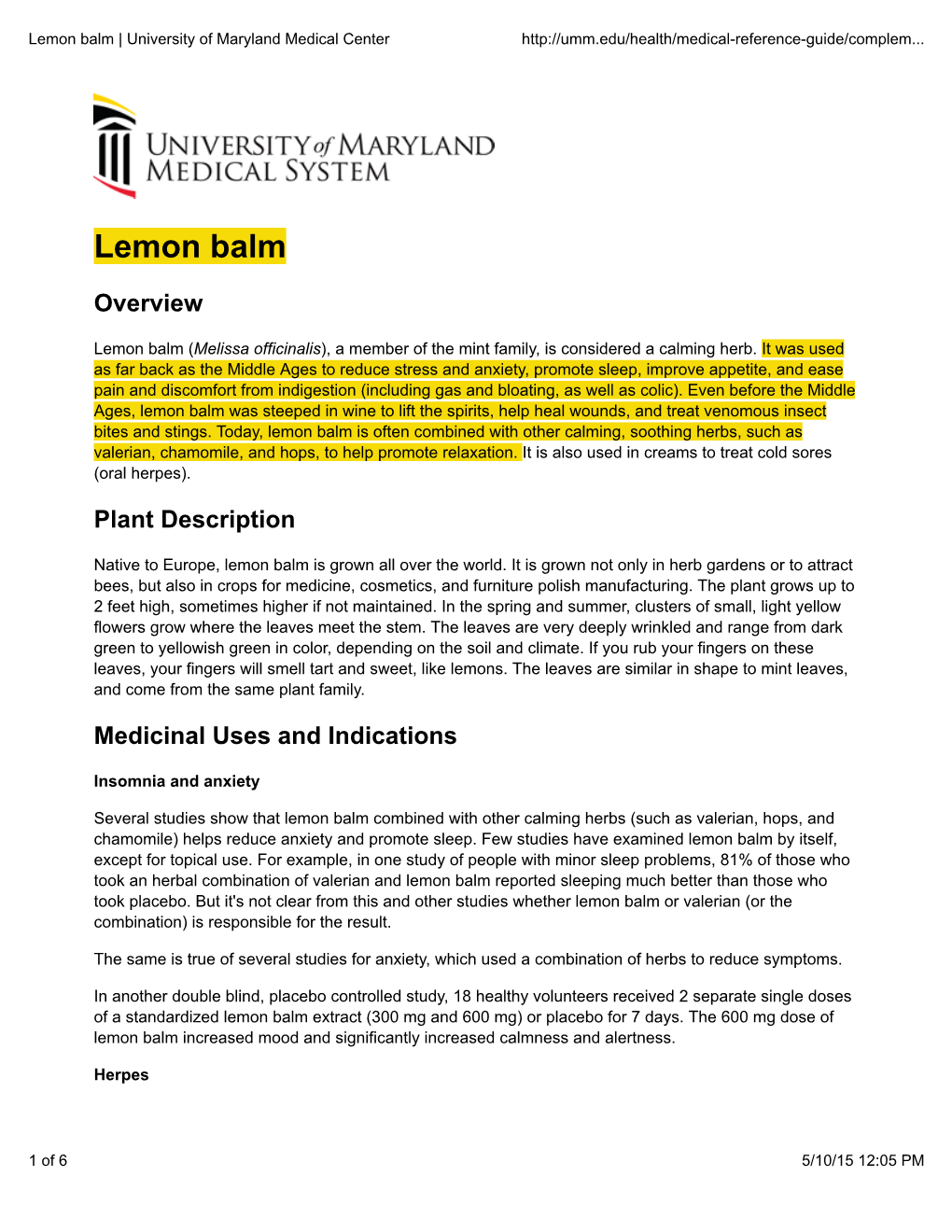 Lemon Balm | University of Maryland Medical Center