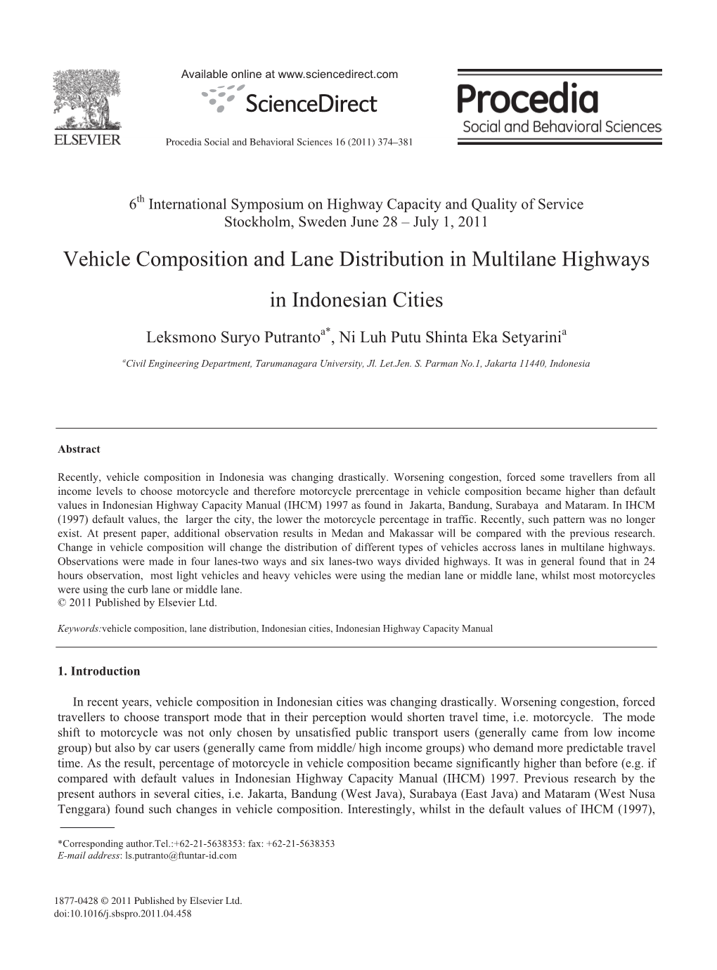 Vehicle Composition and Lane Distribution in Multilane Highways in Indonesian Cities