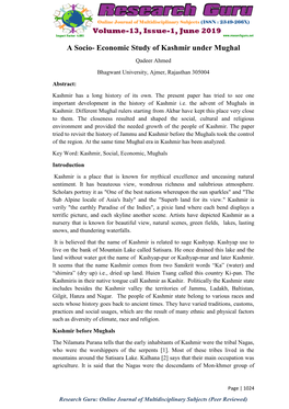 A Socio- Economic Study of Kashmir Under Mughal