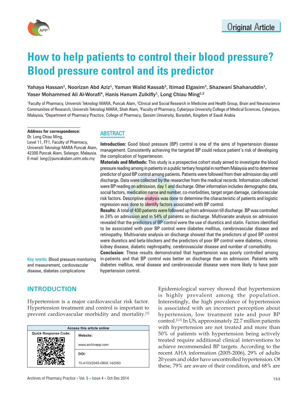 Blood Pressure Control and Its Predictor