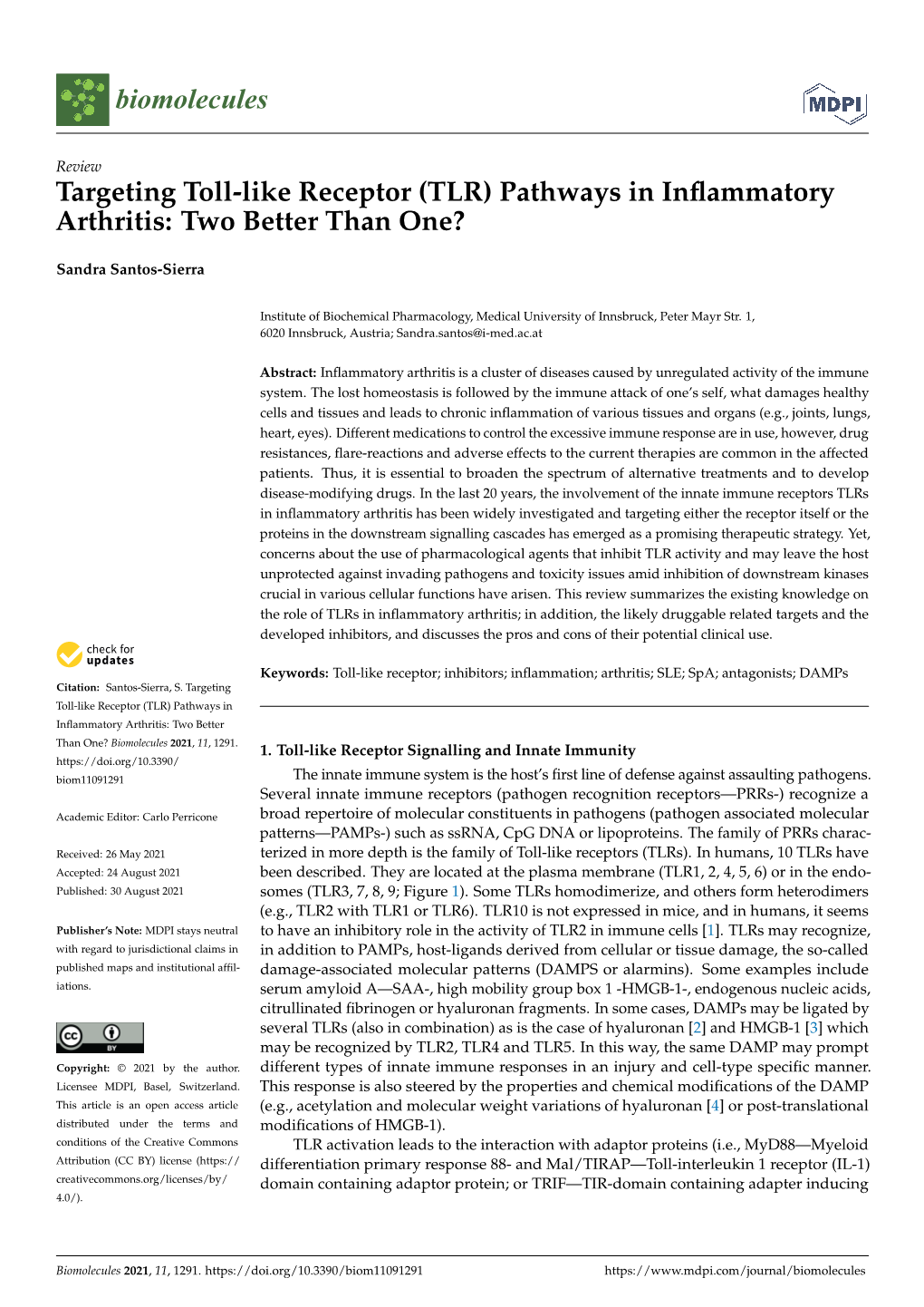 Targeting Toll-Like Receptor (TLR) Pathways in Inflammatory Arthritis