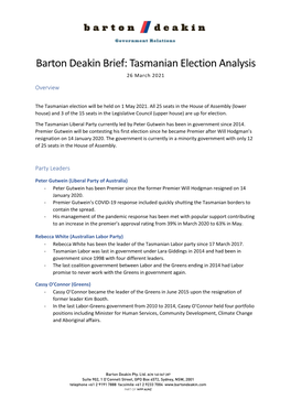 Tasmanian Election Analysis 26 March 2021 Overview