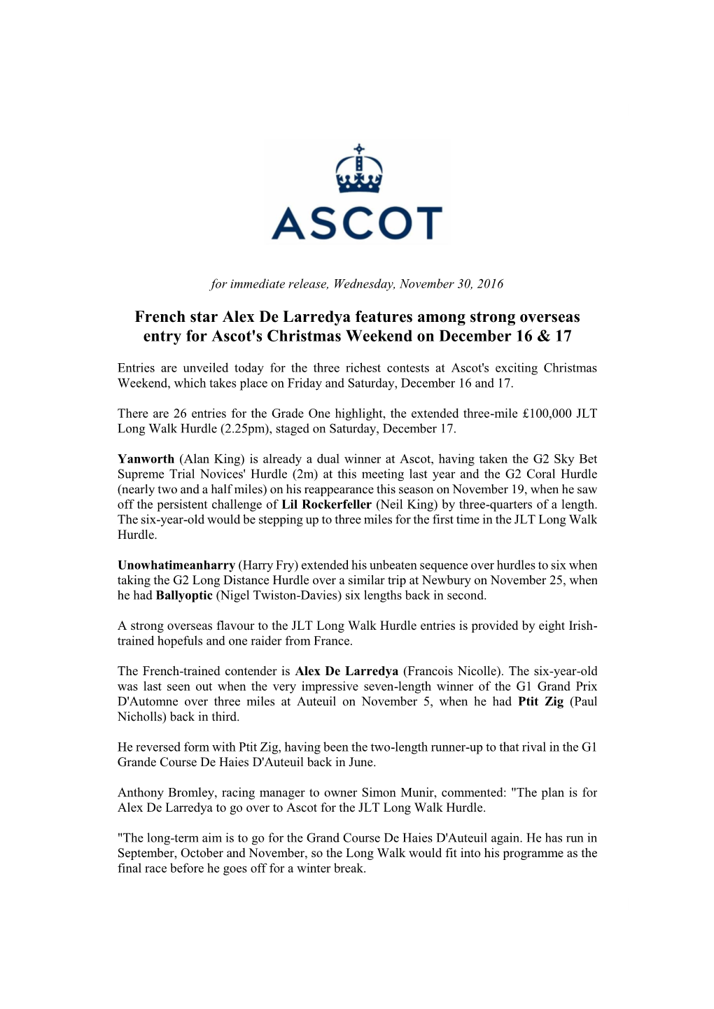 French Star Alex De Larredya Features Among Strong Overseas Entry for Ascot's Christmas Weekend on December 16 & 17
