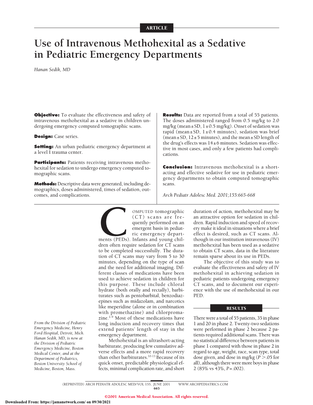 Use of Intravenous Methohexital As a Sedative in Pediatric Emergency Departments