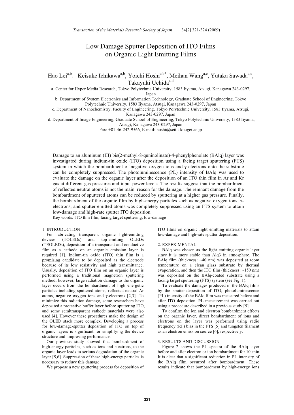 Low Damage Sputter Deposition of ITO Films on Organic Light Emitting Films