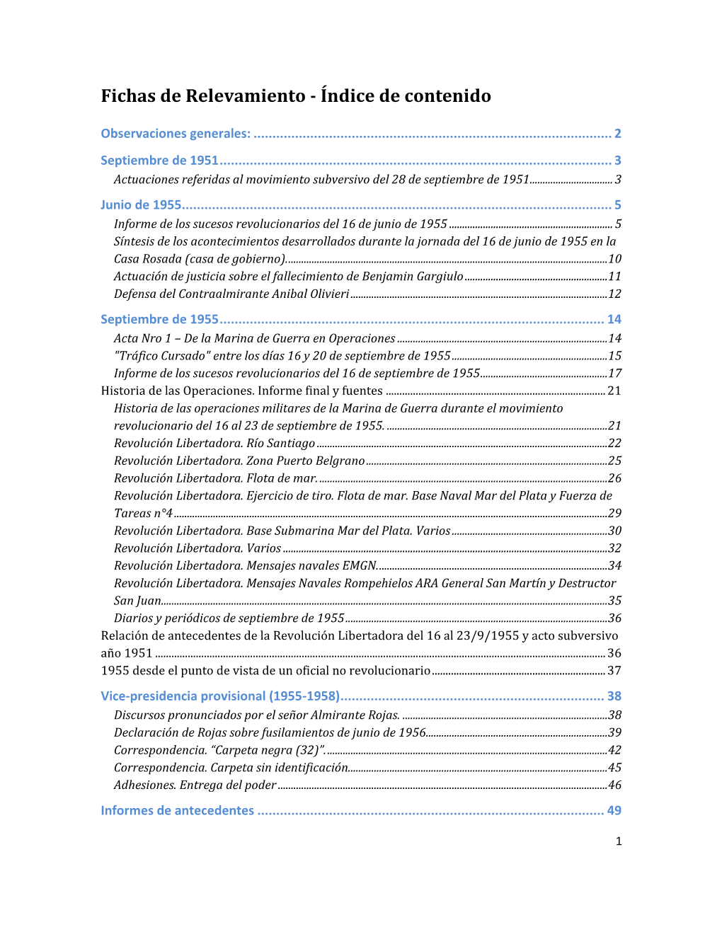 Fichas De Relevamiento - Índice De Contenido