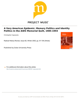 A Very American Epidemic: Memory Politics and Identity Politics in the AIDS Memorial Quilt, 1985–1993