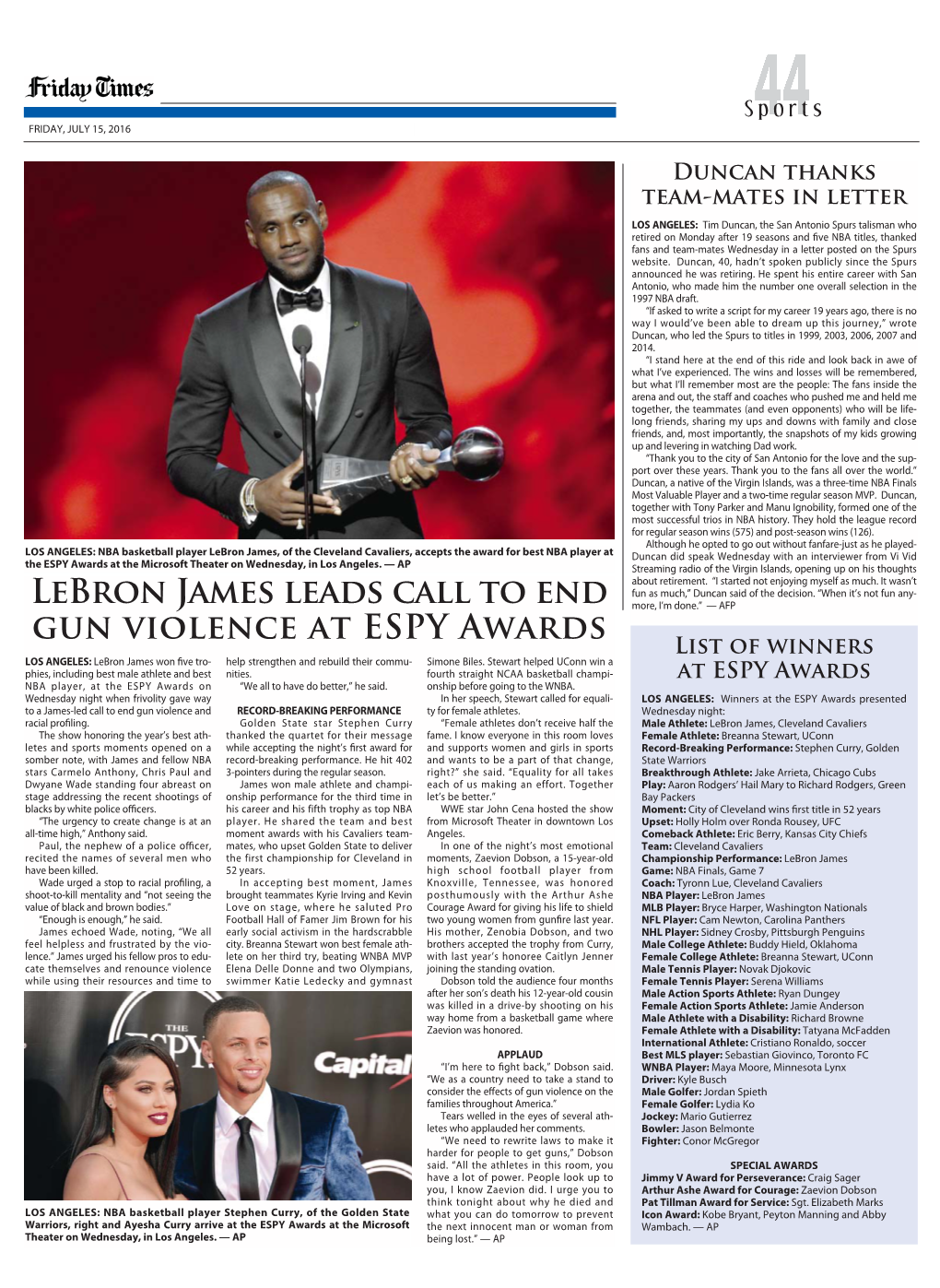 Lebron James Leads Call to End Gun Violence at ESPY Awards