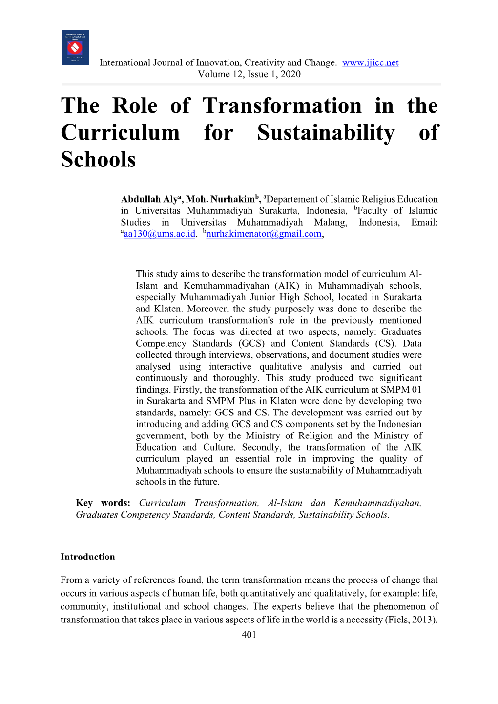 The Role of Transformation in the Curriculum for Sustainability of Schools