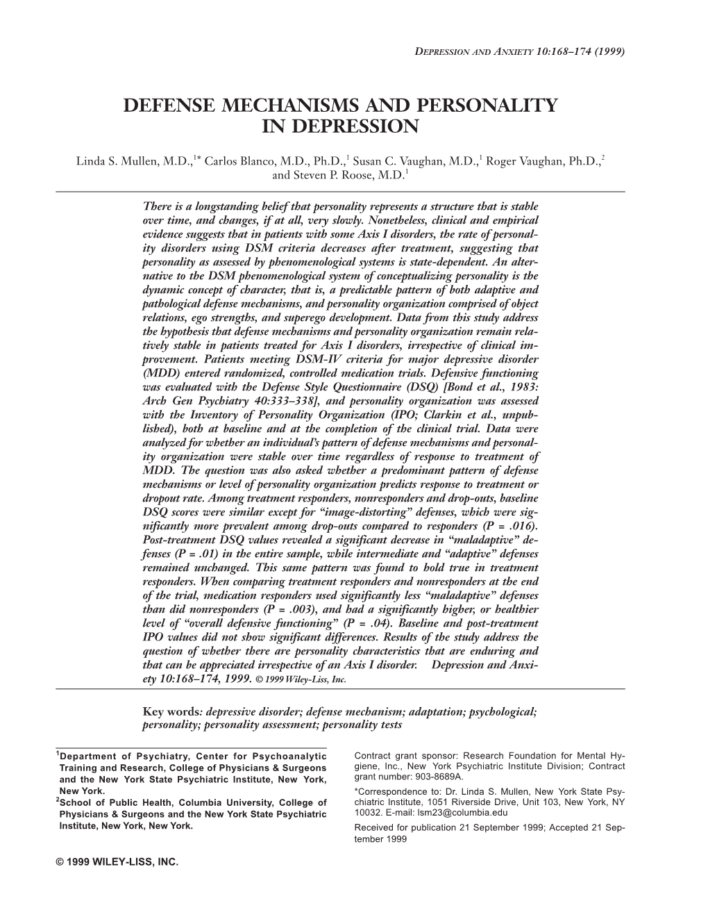 Defense Mechanisms and Personality in Depression