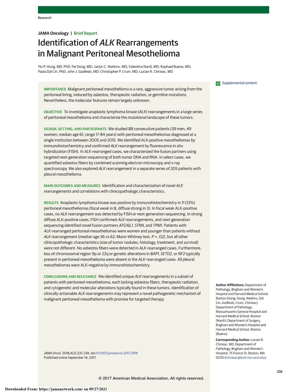 Identification of ALK Rearrangements in Malignant Peritoneal Mesothelioma